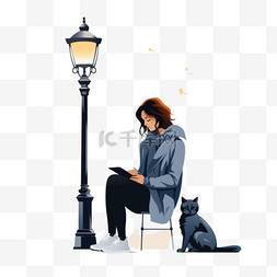 在伦敦图片_电话靠在灯柱上的女人和坐在伦敦