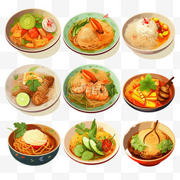 插图图标集泰国菜，包括泰餐，木