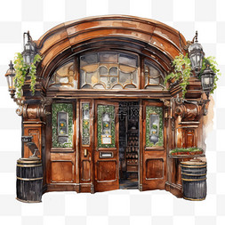 水彩手绘欧洲图片_水彩木制欧式酒吧免扣元素