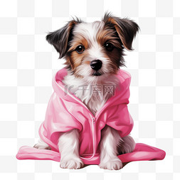 穿着粉红色敷料的狗坐着