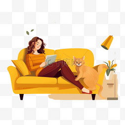 卡通黄色毛衣图片_穿着黄色毛衣的年轻女人和一只猫