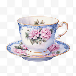 水彩蓝粉色鲜花茶杯免扣元素
