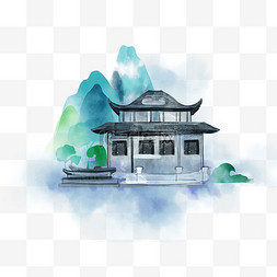 中国风格建筑图片_中式中国风水墨建筑水彩风格亭子