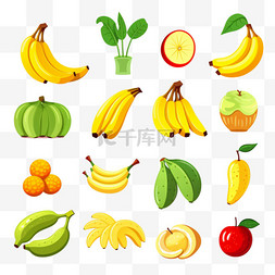 切香蕉卡通图片_各种香蕉水果平面图标套装。卡通