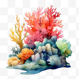 海底手绘水彩图片_水彩红色珊瑚礁免扣元素