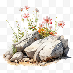 石头印记图片_水彩野外野花鲜花石头免扣元素
