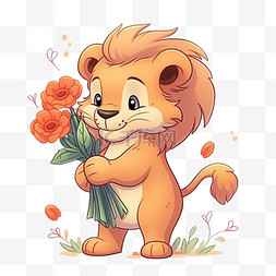 手绘狮子老虎图片_可爱卡通老虎拿着鲜花元素