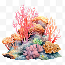 海底手绘水彩图片_水彩卡通珊瑚礁免扣元素