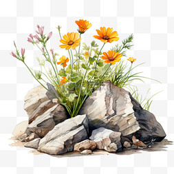 小花鲜花图片_水彩橙色小花鲜花石头免扣元素