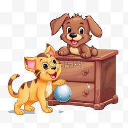 卡通狗玩球图片_狗和猫在梳妆台附近玩球