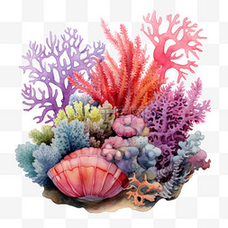 水彩红色紫色珊瑚礁免扣元素
