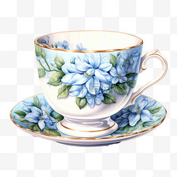 蓝色茶杯图片_水彩蓝色鲜花茶杯免扣元素