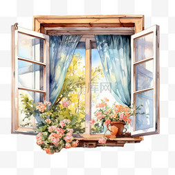 手绘窗户插画图片_水彩美丽春天窗户剪贴画