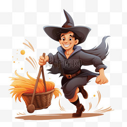 拿着扫帚的男人图片_戴着女巫帽的男人拿着扫帚和甜篮