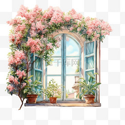 美景插画图片_水彩粉色花朵春天窗户剪贴画