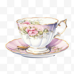 水彩淡粉色鲜花茶杯免扣元素