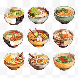 手绘日本料理图片_装满拉面的各种碗