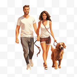 带狗散步图片_带着狗散步的年轻夫妇