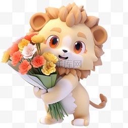 卡通动物小狮子图片_狮子3d拿着鲜花元素