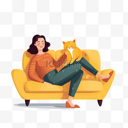 猫在绘画图片_穿着黄色毛衣的年轻女人和一只猫
