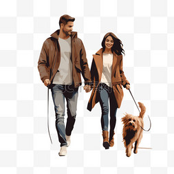 带狗散步图片_带着狗散步的年轻夫妇