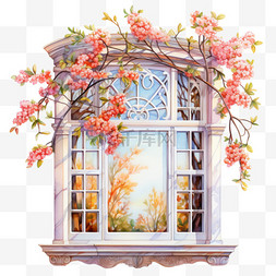 美景手绘图片_水彩红色花朵春天窗户剪贴画