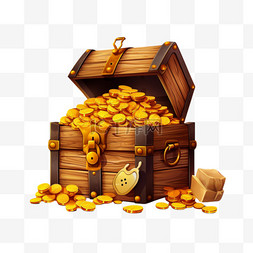 木箱和装有金币的大旧袋子，钱堆