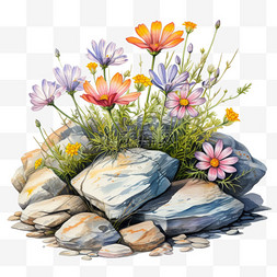 花朵石头图片_水彩鲜花石头堆免扣元素