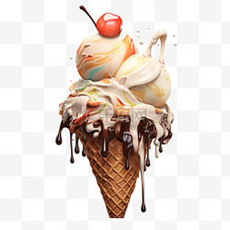 抹茶甜筒雪糕矢量图片_甜筒冰淇淋球巧克力酱写实元素装