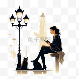 手绘附近图片_电话靠在灯柱上的女人和坐在附近