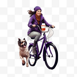 骑着自行车图片_穿紫色套头衫的女人骑着自行车，