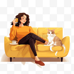 毛衣毛衣图片_穿着黄色毛衣的年轻女人和一只猫