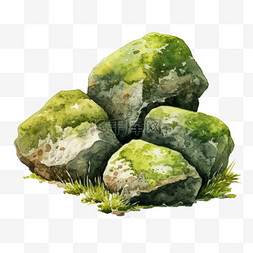 绿色野外图片_水彩青苔石头剪贴画免扣元素