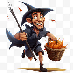 拿着扫帚的男人图片_戴着女巫帽的男人拿着扫帚和甜篮