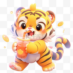 可爱的小老虎图片_夏季可爱的喝着冷饮老虎卡通3d元