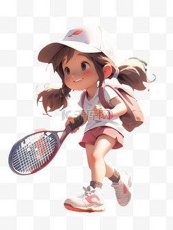运动会打网球的可爱小女孩3D手绘