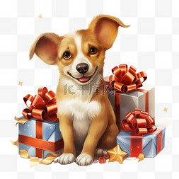 新年快乐狗图片_新年快乐文本和看礼物的狗