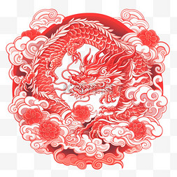 中国龙年春节红色剪纸窗花元素