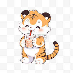 手绘元素夏季可爱的老虎喝着冷饮