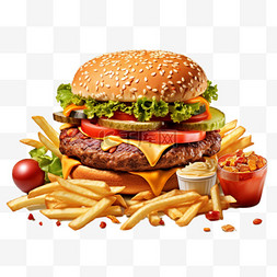 芝士瀑布汉堡图片_汉堡薯条美食堆写实AI元素装饰图