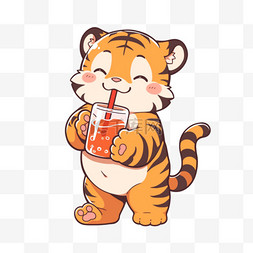 可爱卡通老虎图片_可爱的老虎喝着冷饮卡通手绘元素