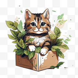卡通盒子里图片_条纹猫坐在盒子里，把植物弄皱
