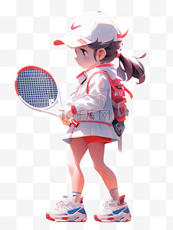打网球的可爱小女孩3D形象手绘