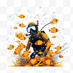 潜水服的人在水下与鱼