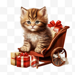 坐着雪橇图片_猫带着礼物坐在雪橇旁边