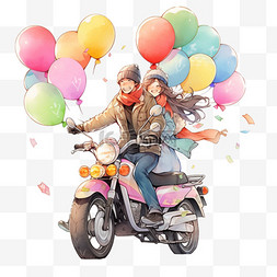 一对情侣手绘图片_国庆出游卡通摩托车情侣元素