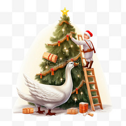 站在梯子上装饰一棵大圣诞树的鹅