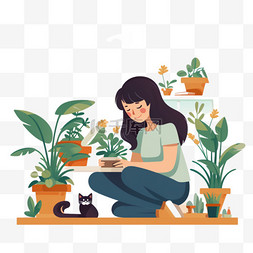 有猫的女孩照顾室内植物并给它们