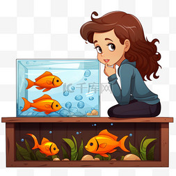 卡通手绘水族图片_在水族馆里看鱼的女孩