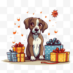 新年快乐狗图片_新年快乐文本和看礼物的狗
